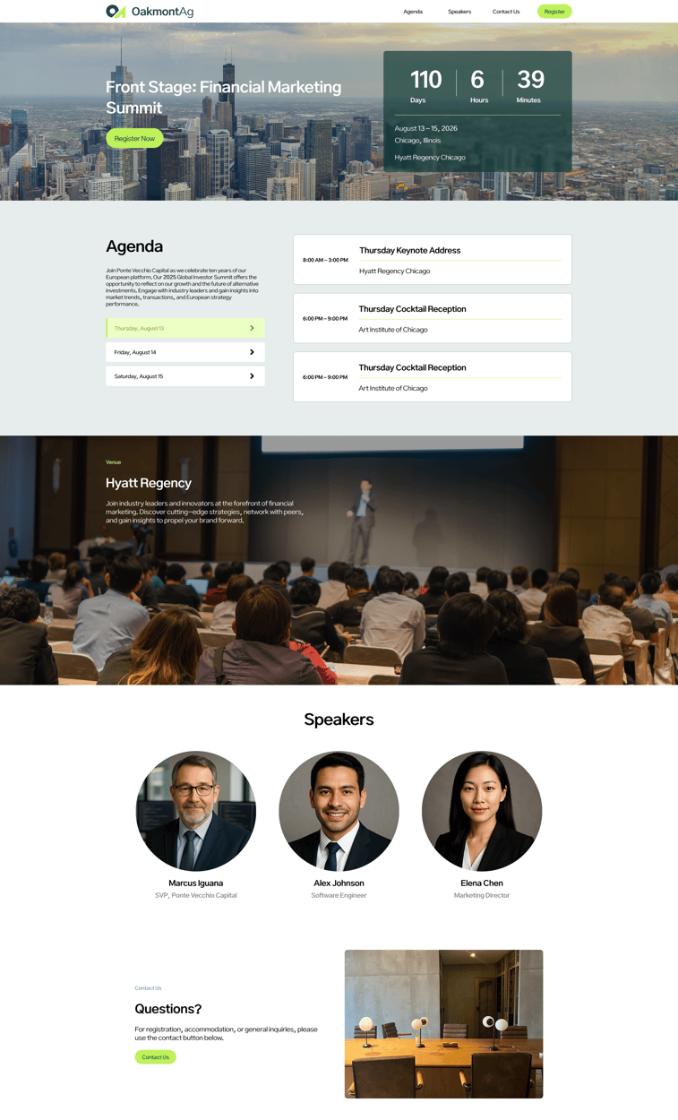 Mock-up of a sample Events Landing Page made through HubSpot. The sections include a hero row with a countdown to the event, a row containing the event agenda, a row about the event venu, a row with the key speakers, and a row directing users to contact us with any questions.