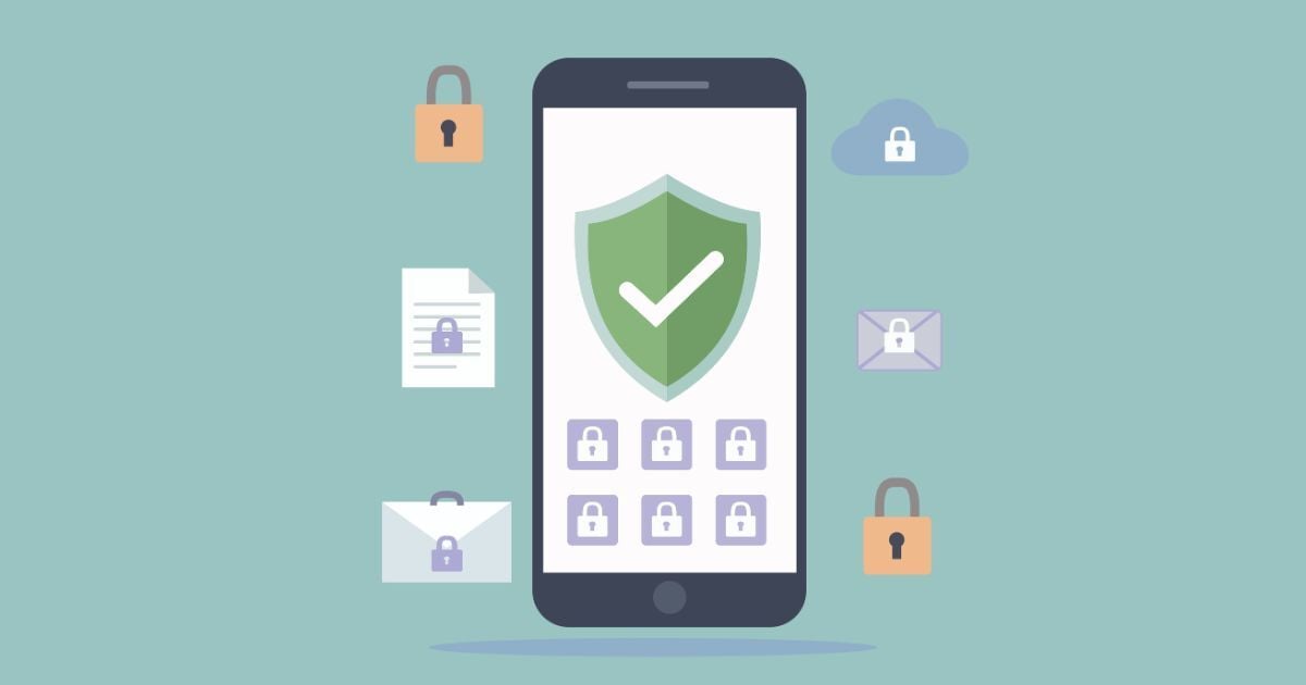 On a green background, a smartphone with a green security shield on its screen. Around the phone are padlocks and other icons with locks on them (file, envelopes, cloud) to represent secure data sharing.