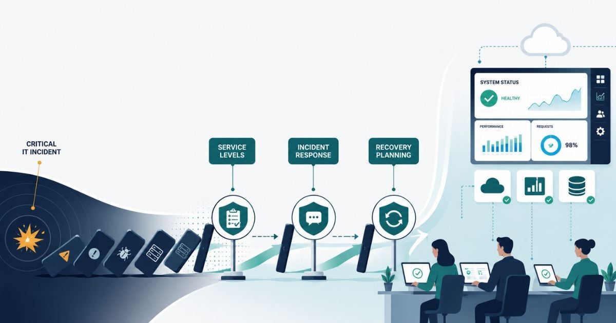 Flat-vector illustration showing a critical IT incident triggering a chain reaction that is stopped at three checkpoints labeled “Service Levels,” “Incident Response,” and “Recovery Planning,” allowing healthy dashboards, cloud applications, and connected users to continue operating without disruption.