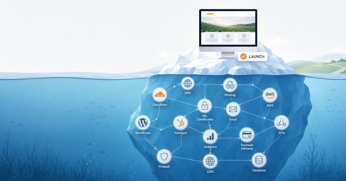 Editorial-style illustration of a website launch depicted as an iceberg. Above the water, a desktop monitor displays a clean website interface with a 